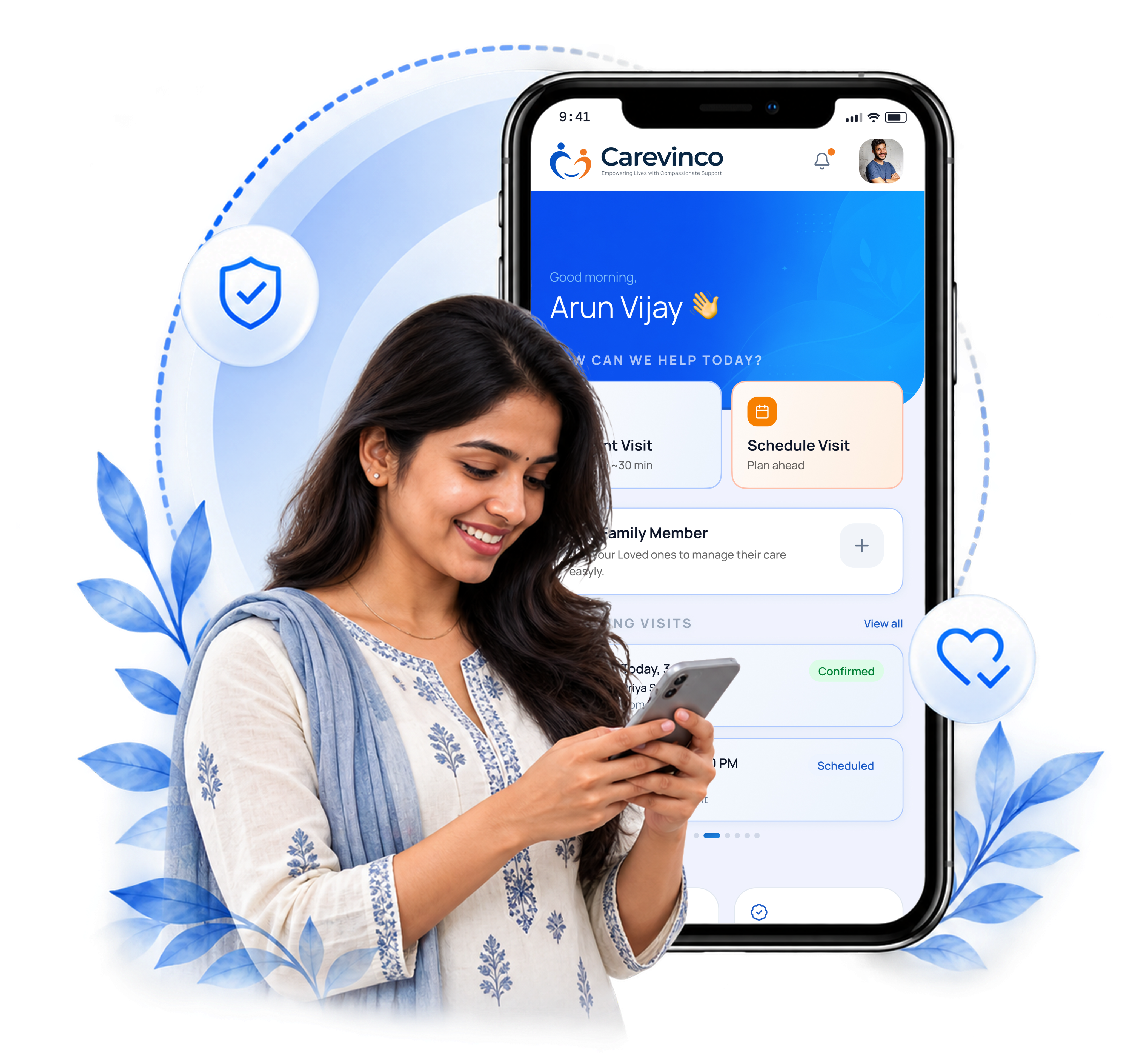 Carevinco app with a woman managing care from her phone